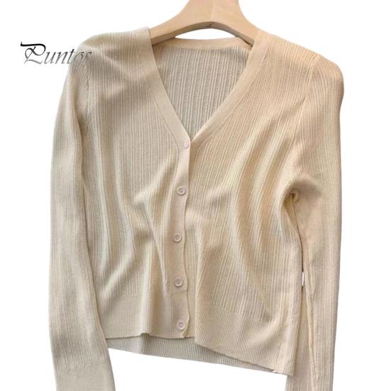 Sun Knit Cardigan for Women Long Sleeve V-Neck Button Up Thin Ice Silk Coat Summer Ribbed Cropped Top for Outdoor Travel Work Beach