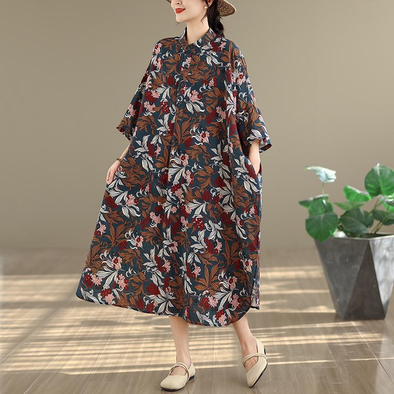 DIMANAF New 2026 Women Plus Size Spring Summer Beach Long Dress Lady Loose Oversize Maxi Floral Print Cotton Button