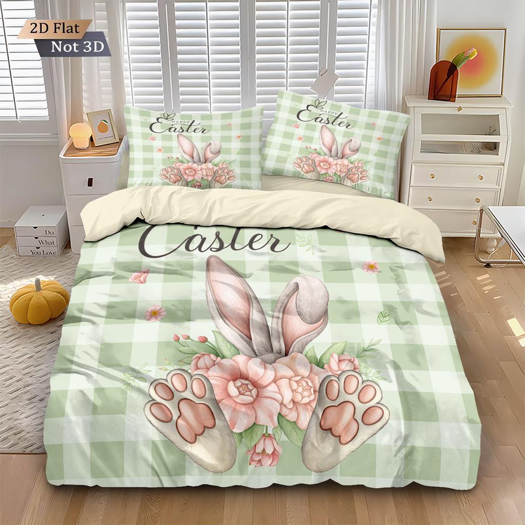 3pcs Easter Egg Rabbit Print Down Duvet Cover Set, Multi Size Bedroom, Dormitory Bedding Decoration, Machine Washable