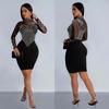 European & American Fashion Women's Solid Color Mesh Long Sleeve Mini Dress with Hot Drilling.