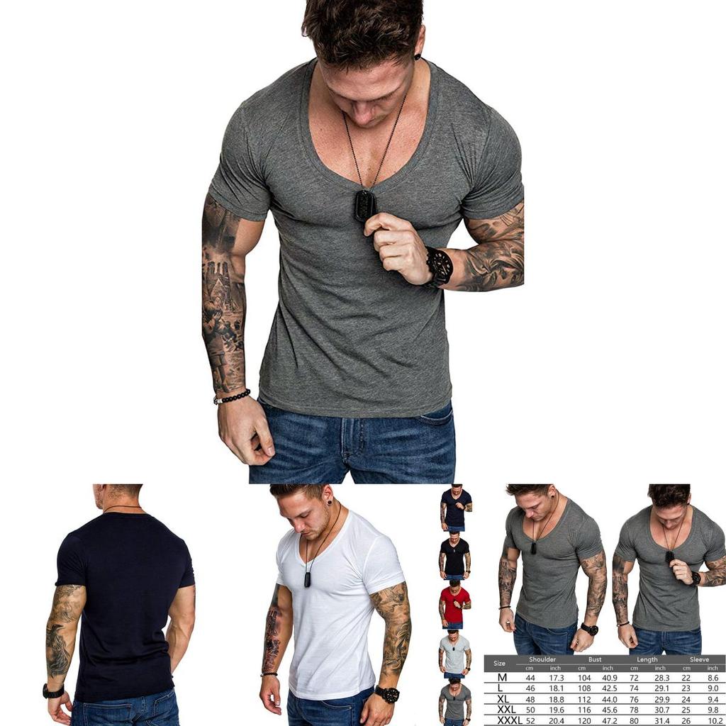 High-quality Men's Slim V Neck Short Sleeve Muscle Tee T-shirt For Casual Wear