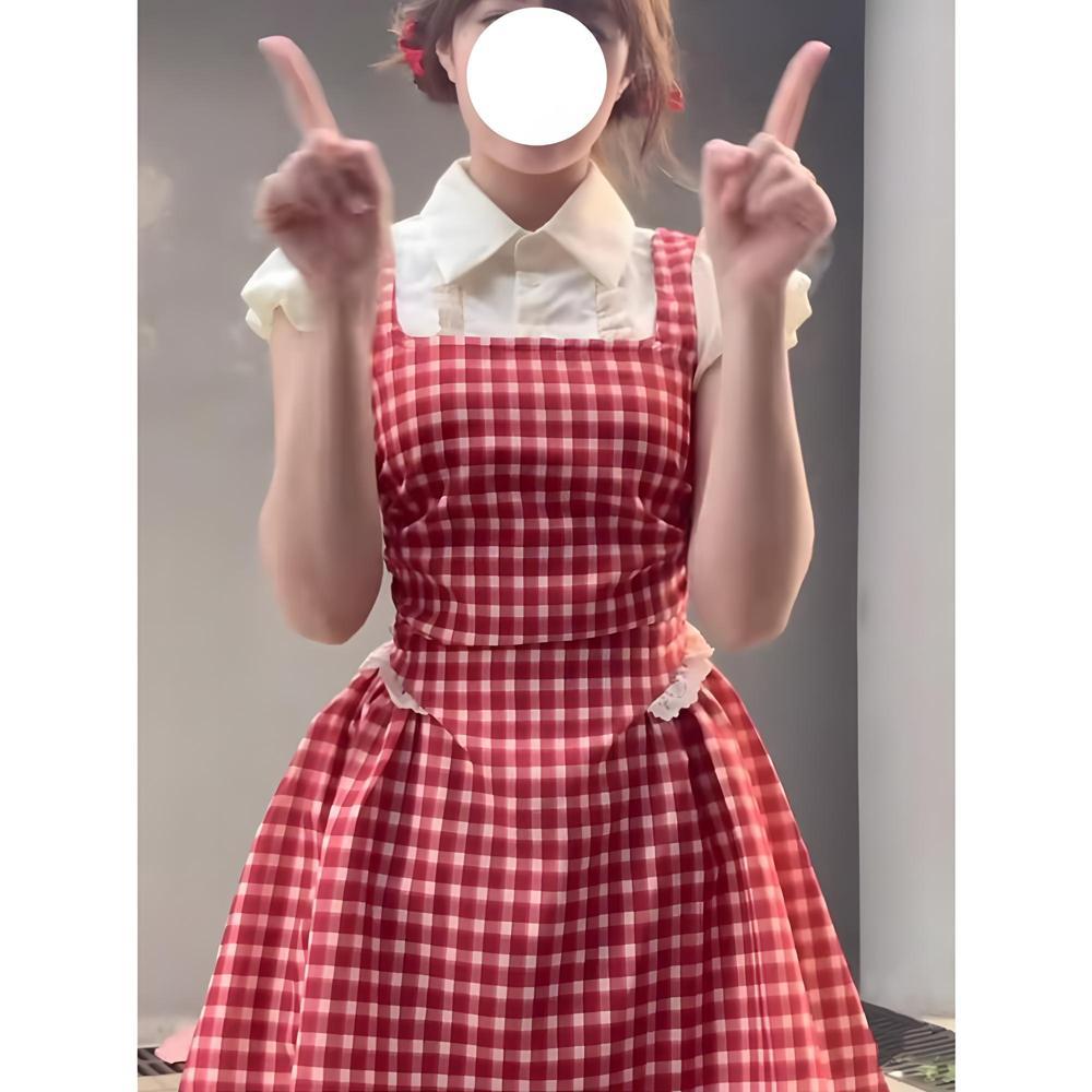 Sweet fake two-piece shirt strap dress children's summer college style bubble sleeve plaid skirt