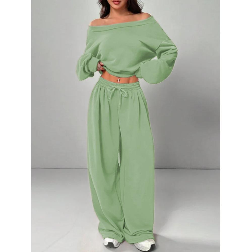Tuta da Donna Vestibilità Larga Spalle Scoperte Manica Lunga Crop Top Vita Alta Pantaloni Larghi Tuta Due Pezzi