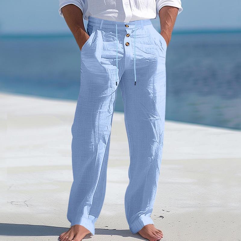 

Men s cotton and linen pants button decorative drawstring summer beach pants straight solid color breathable trousers XXXL светло-синий