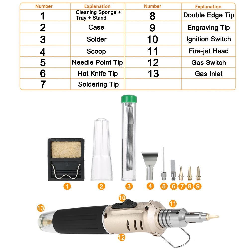 10 in 1 Professional Pen-type Butane Gas Soldering Iron Set 26ml Welding Kit Torch HS-1115K