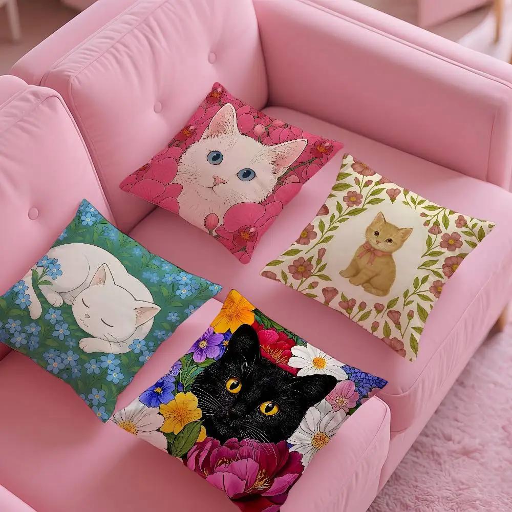 Cat In the Flowers Aesthetic Pillow Case Anti-dustmite Pillow Invisible Zipper Silky Short Plush Sofa Cushion Cover