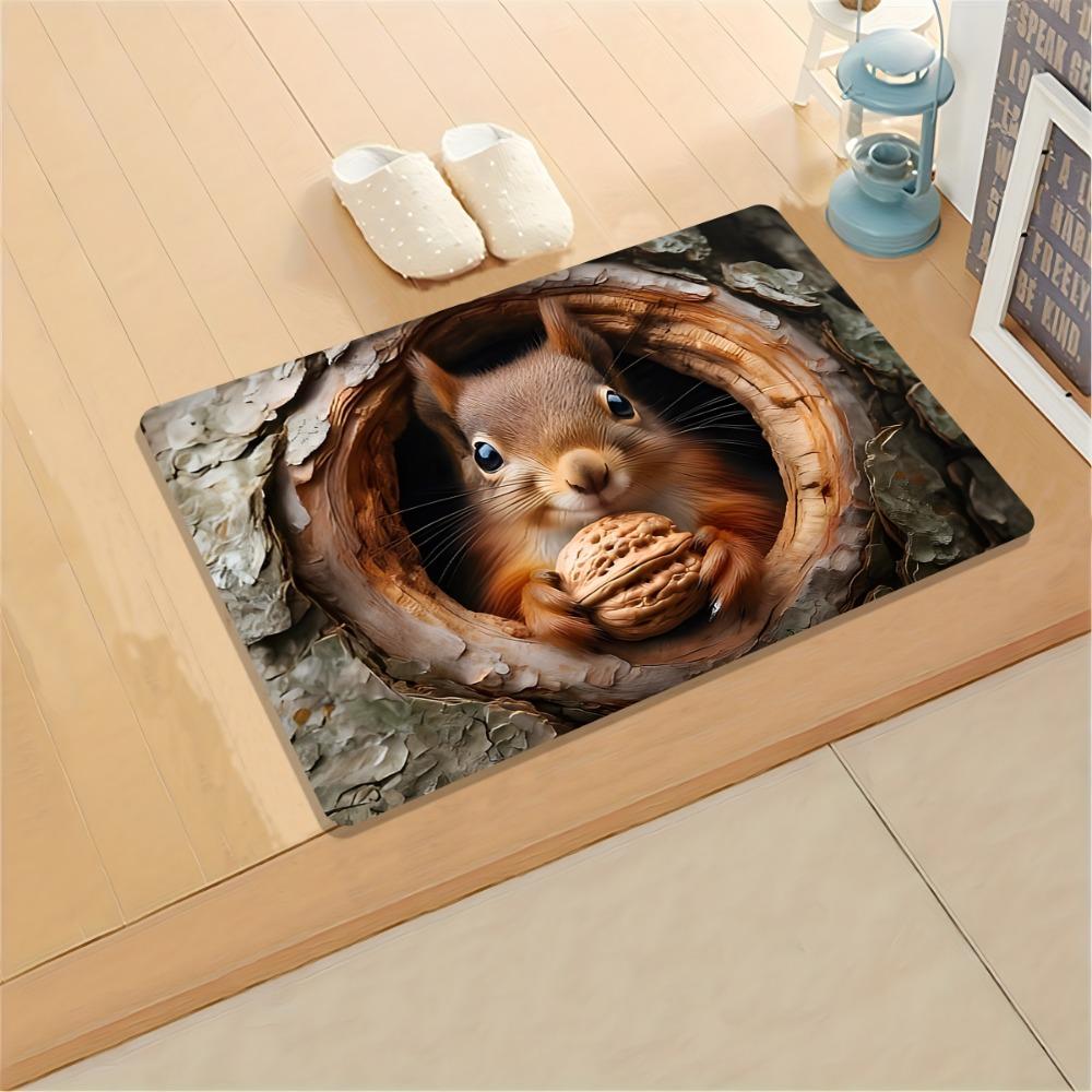 Cute Autumn Squirrel Tree Hole Print Entrance Doormat Non Slip Washable Bath Rug Decorative Bedroom Floor Carpet 1PC