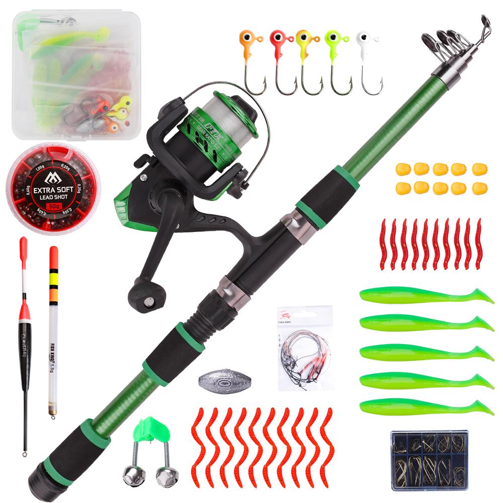 FTK 1.8m Fishing Pole Set Full Kits With Telescopic Fishing Rod And Spinning Reel Baits Hooks Travel Pole Set