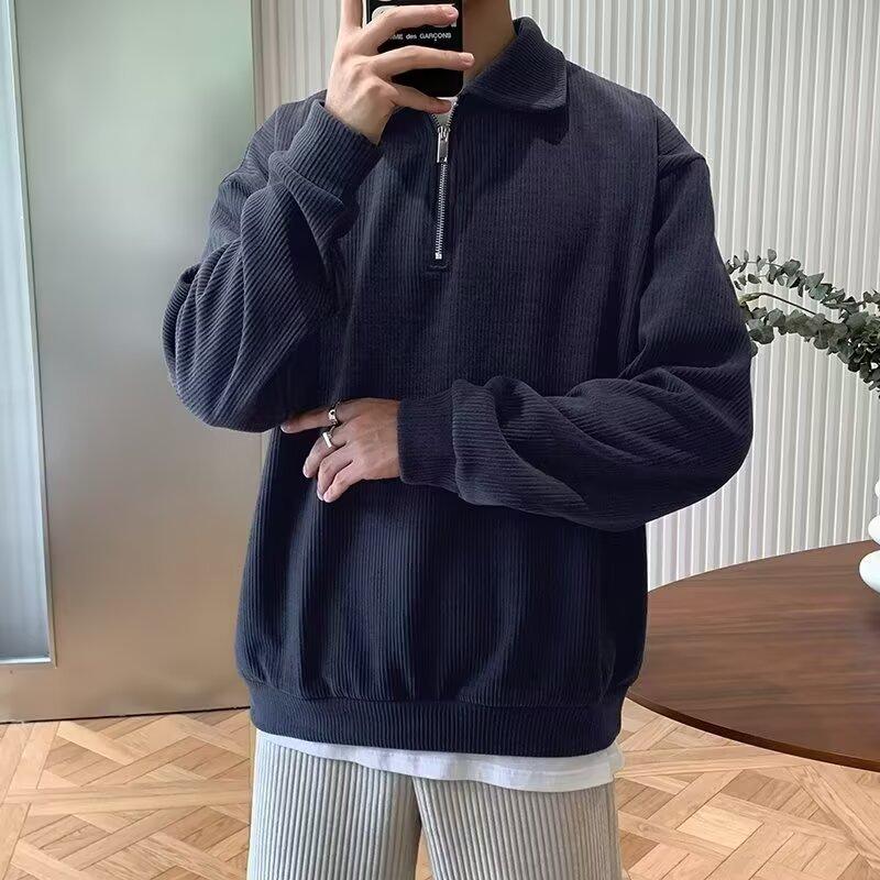 Spring and Autumn New Half Zipper Sweater Men's American Retro Loose Casual Design Niche Top Solid Color Pullover