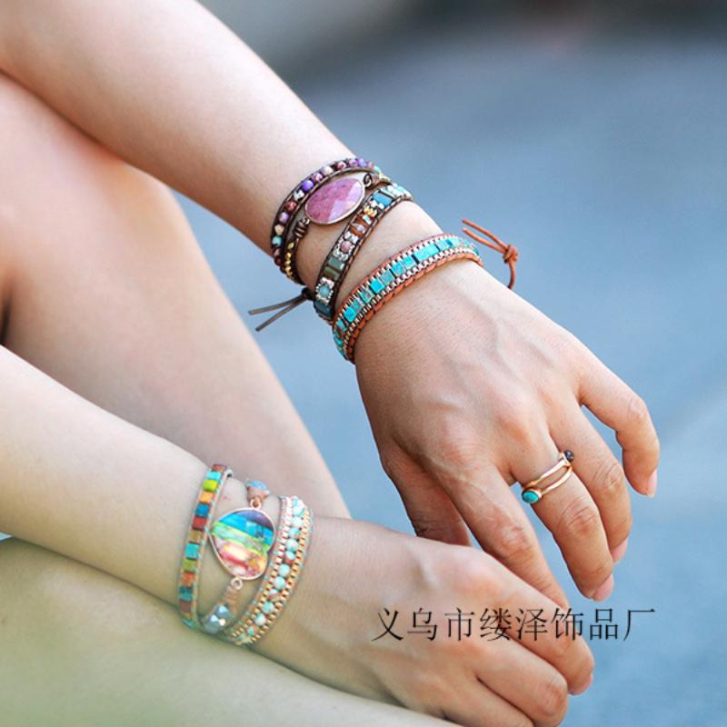 BLINGBAY Bracelet Femme Pêche en Forme de Coeur Double Couche Pierre Naturelle Bracelet tissé à la Main Bracelet réglable Fille fête Anniversaire Bijoux Cadeau