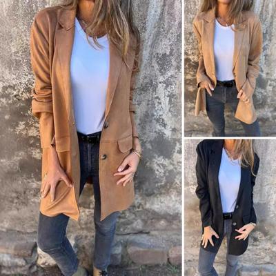 Autumn Winter Women Suit Coat Turn-down Collar Mid Length Pure Color Fake