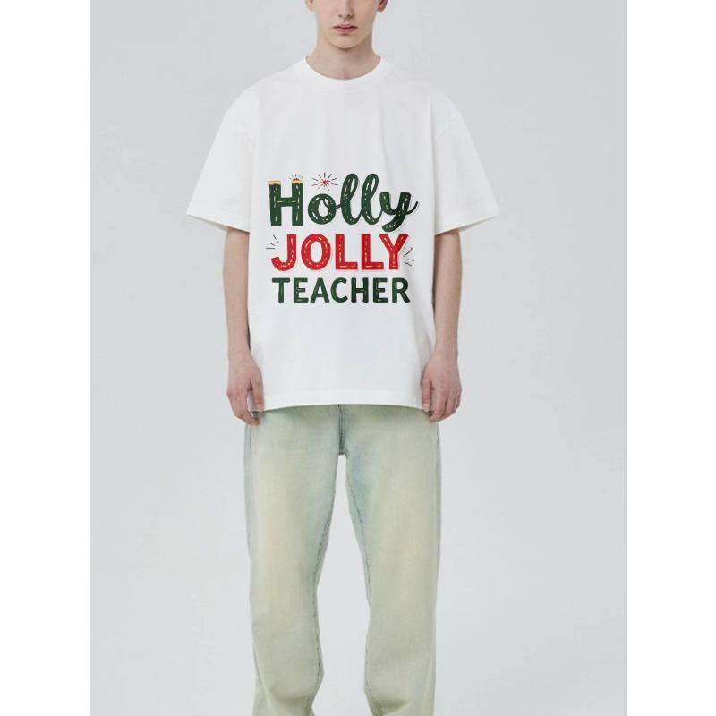 Holly Jolly Teacher T Shirt Black Christmas Holiday Theme Print for Teachers Party Gift