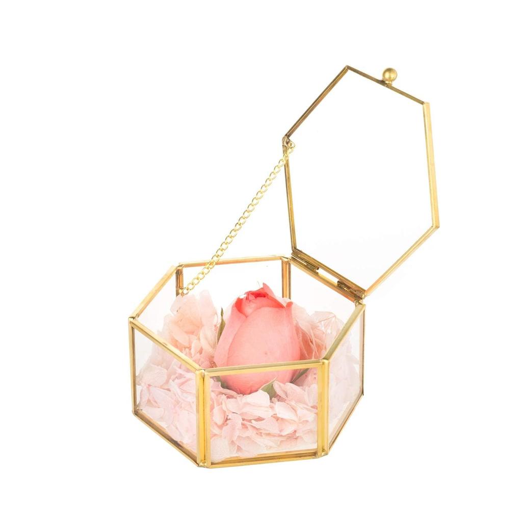 Feyarl 12 cm sexkantig glas smyckeskrin med ringkudde, guld