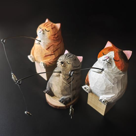 Hand-Carved Wood Ornaments Fishing Cat Sculpture Miniature Solid Wood Desktop Decor Eco-Friendly Painted Cat Figurine for Home Office Gift