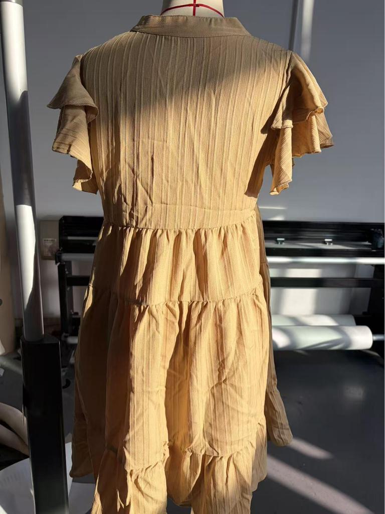 V-Neck Folded Sleeve Mid-Length Solid Color Dress - Casual & Comfortable