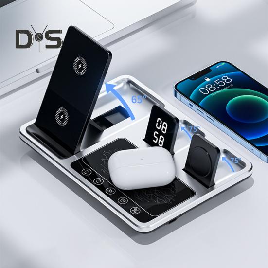 4 In 1 Wireless Charger Stand with Alarm Clock & Night Light Foldable Fast Charging Dock One-Key Lifting Smartwatch Charging Stand for IPhone