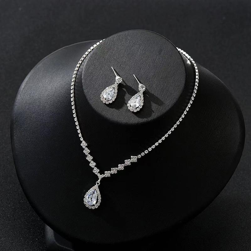 3Pcs Luxury Simple Rhinestone Necklace Drop Earrings For Women Girls Fashion Exquisite Jewelry Set Wedding Bride Accessories