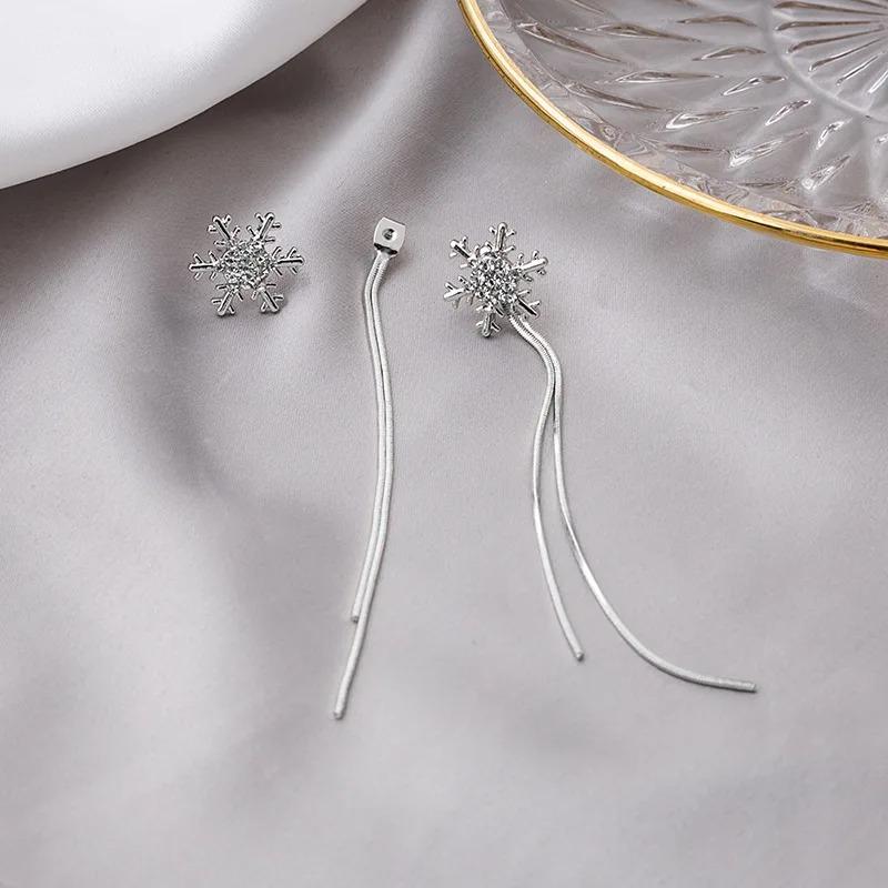 Elegant Long Tassel Earrings with Rhinestone Snowflakes, Wedding Party Christmas Gift for Women, Dangle Ear Studs Jewelry