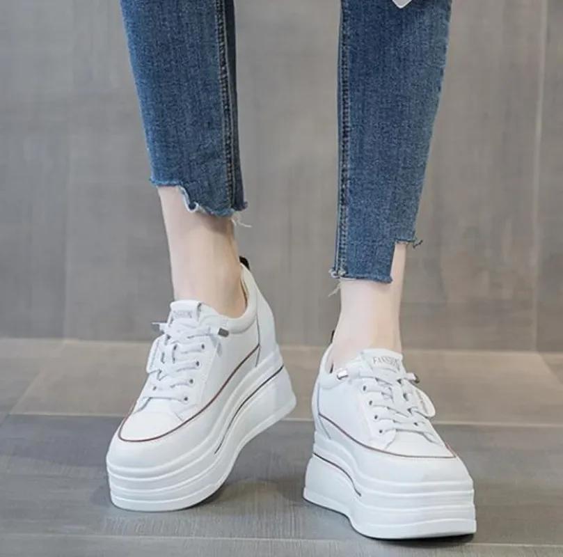 Fashion 8.5cm Genuine Leather Women Autumn Hidden Heels Ladies Chunky Sneakers Thick Soled Spring Platform Wedge Summer Fashion Shoes