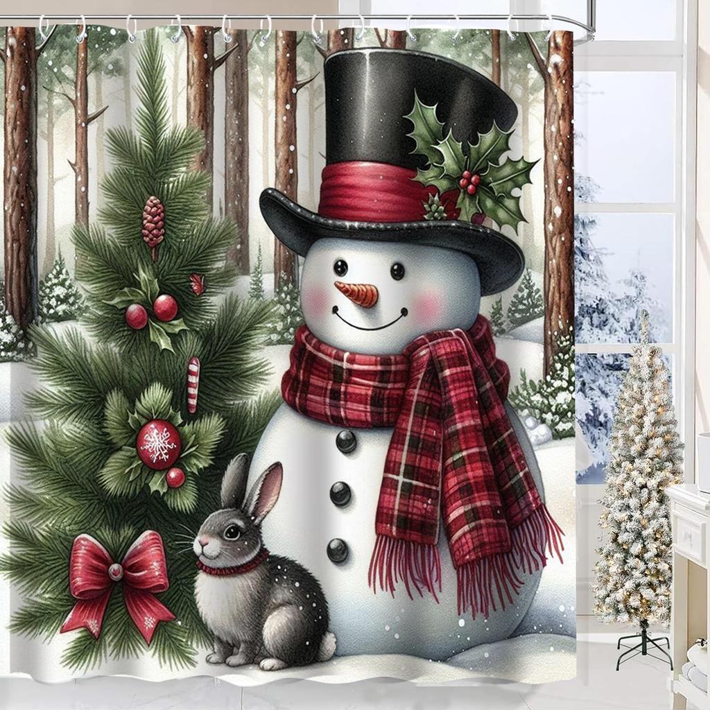 Christmas Festival decorations Snowman Pattern Bathroom Shower Curtain With 12  Hooks Home bathroom decor and accessories