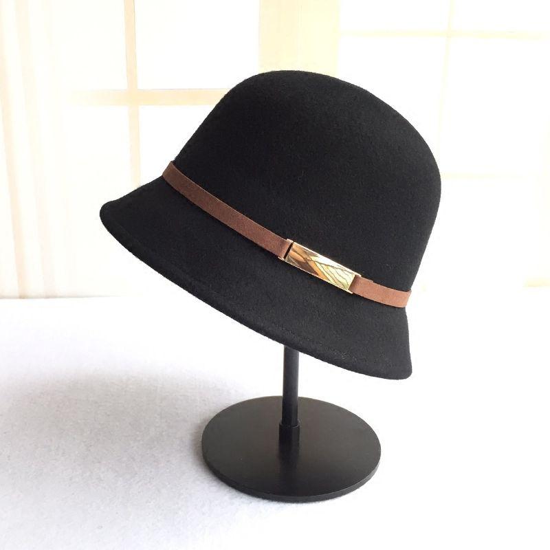 Ladies Wool Top Hat Leather Decoration Fashion Woolen Small Basin Hat Black Hat