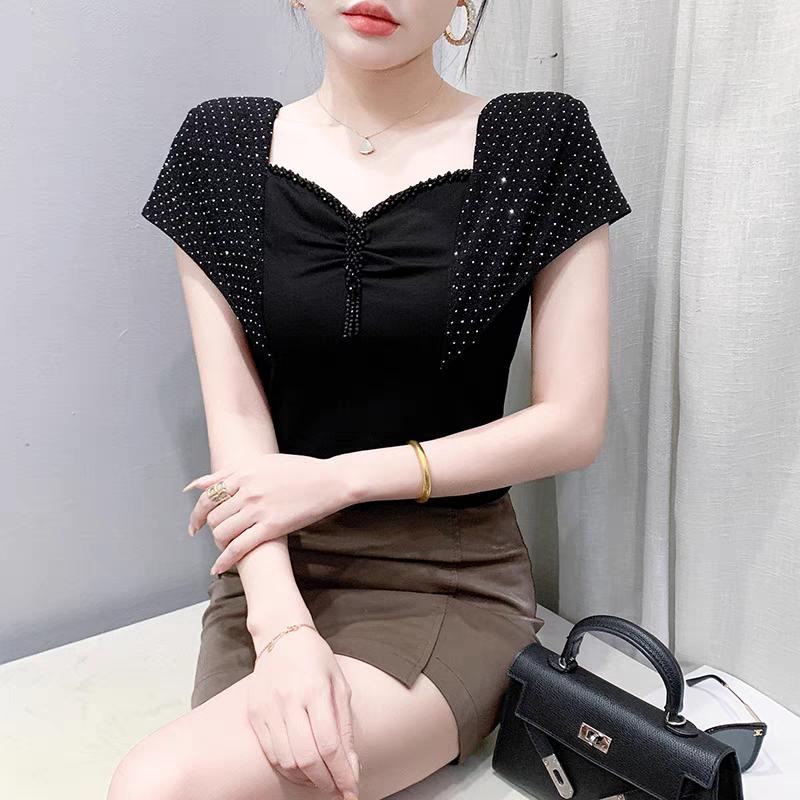 Summer Cotton Tops Streetwear Girl Sexy Square Neck Beading T-shirt Women's Shiny Diamonds Tees