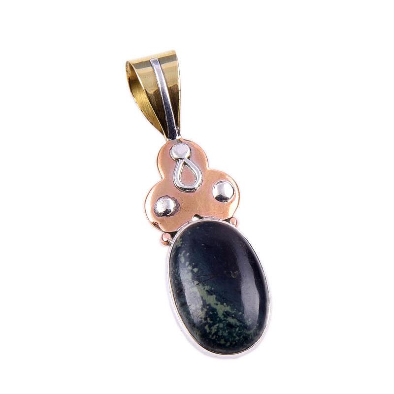 Natural Green Pietersite Gemstone 925 Solid Silver Two Tone Pendant 1.75" D0I71