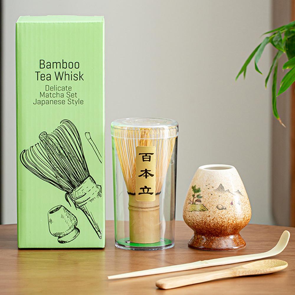 

4PCS Bamboo Ceramic Matcha Whisk Set Food Grade Green Tea Whisk Japanese Chasen Stirring