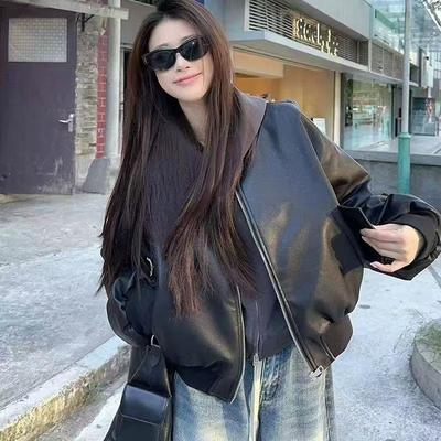 Black Zipper Short Long-sleeved Baseball Jacket Leather Jacket for Women Autumn and Winter New Retro Loose Motorcycle Jacket