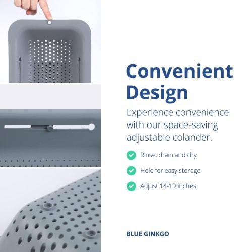 Blue Ginkgo Over-the-Sink Drainer Basket - Wash Vegetables and Fruits, Drain Boiled Pasta, and Dry Dishes - Expandable - A New Home Kitchen Essentials