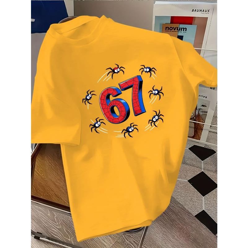 European sizes Children Casual T-Shirt with Cartoon Spider and Number 67 Perfect for Summer, Crew Neck, Short Sleeve, Medium Stretch Unisex Fit