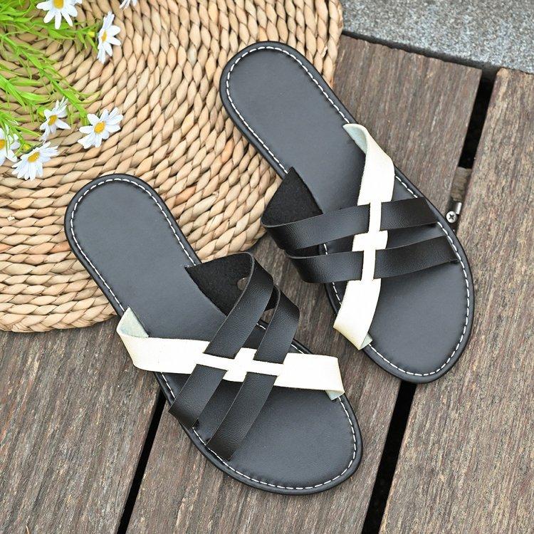 

Large size flat slippers 2025 summer new color matching beach casual slippers cross women s slippers spot 43