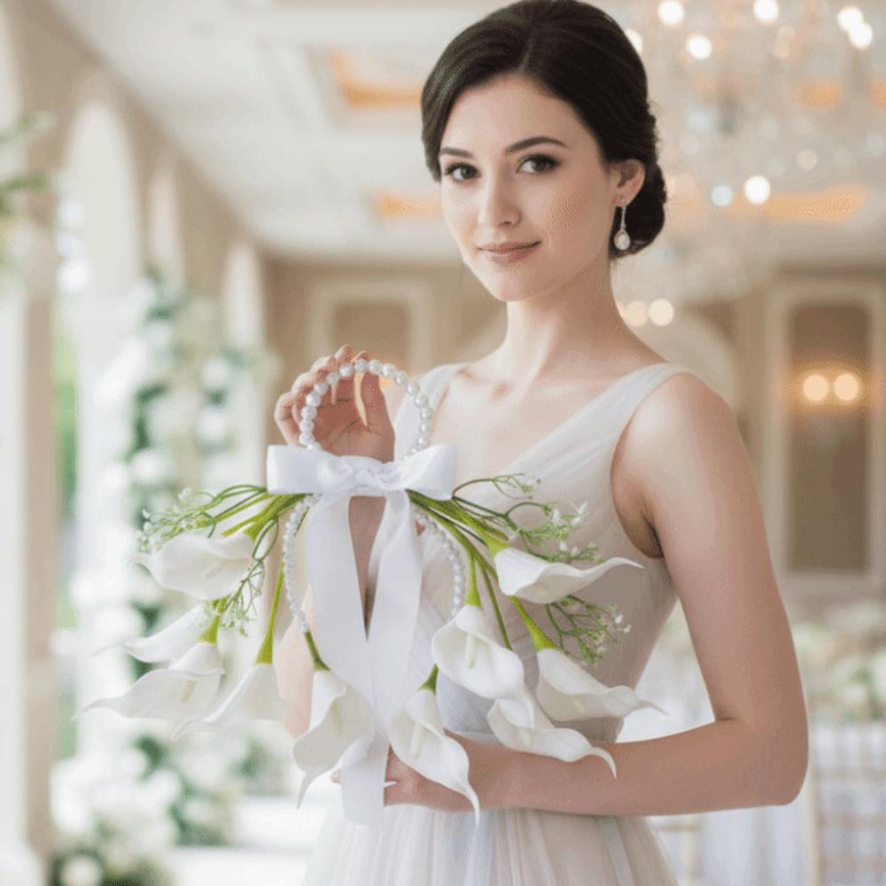 Satin Bowknot Wedding Flowers White Blossom Top Handle Bouquet Bridal Bouquet  Engagement Party