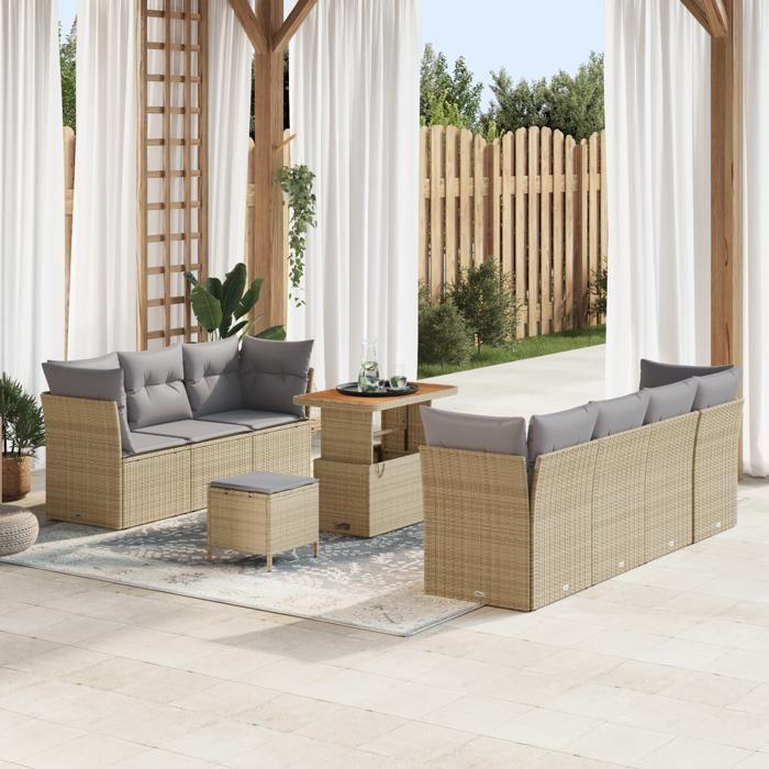 Canapé de Jardin 10 Pièces avec Coussins Beige Polyrattan Acacia, Salle à Manger de Jardin 3 Pièces avec Coussins Beige 3361452