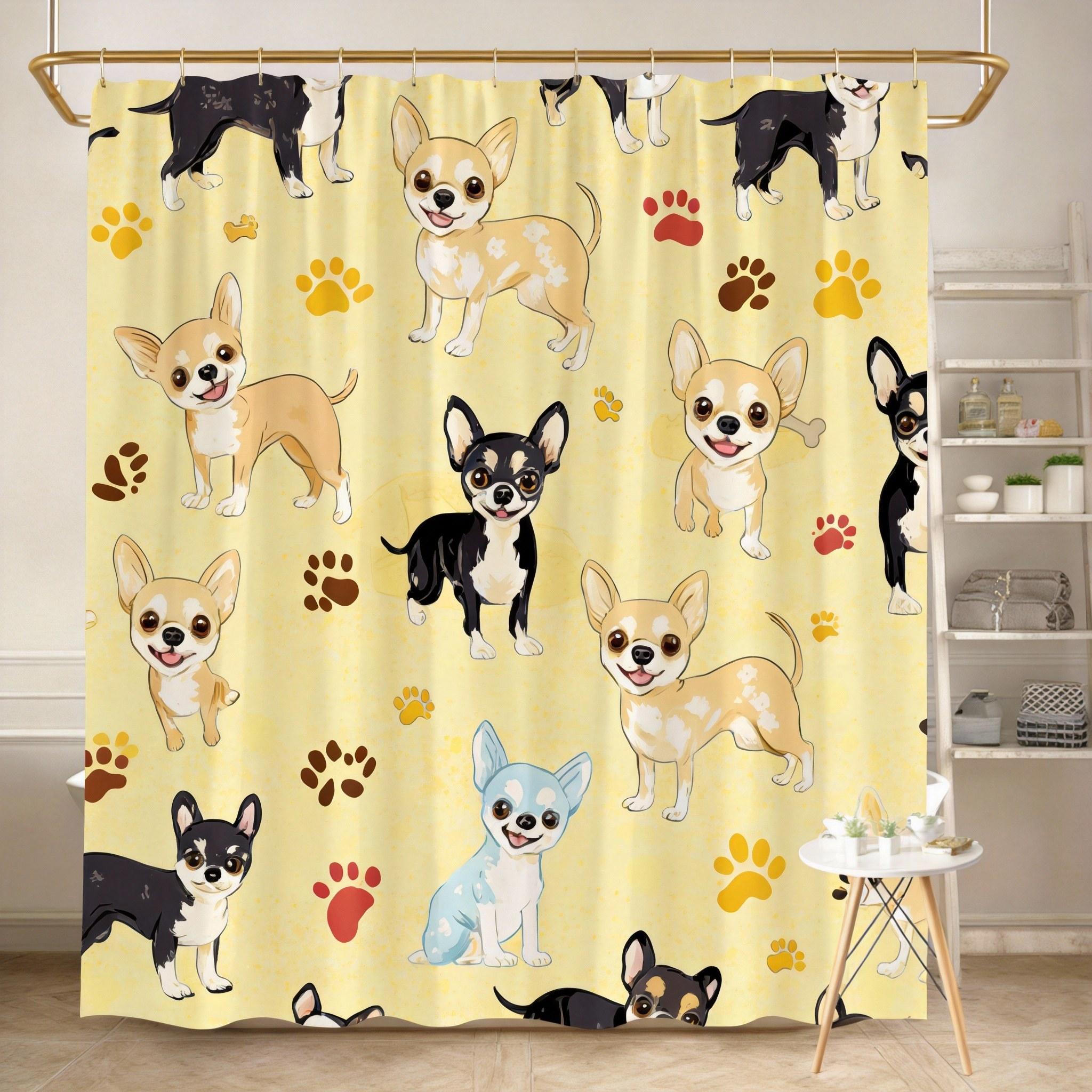 

Chihuahua Shower Curtain 180X180Cm – Cute Puppy Love Cartoon, Light Blue, With 12 Hooks Shower Curtain Hooks W60H190(CM)-1 Pcs
