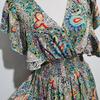 Floral Print V-neck Ruffled Short Sleeve Dress Women Casual A-Line High Waist Backless Slit Ankle-Length Spring Dress