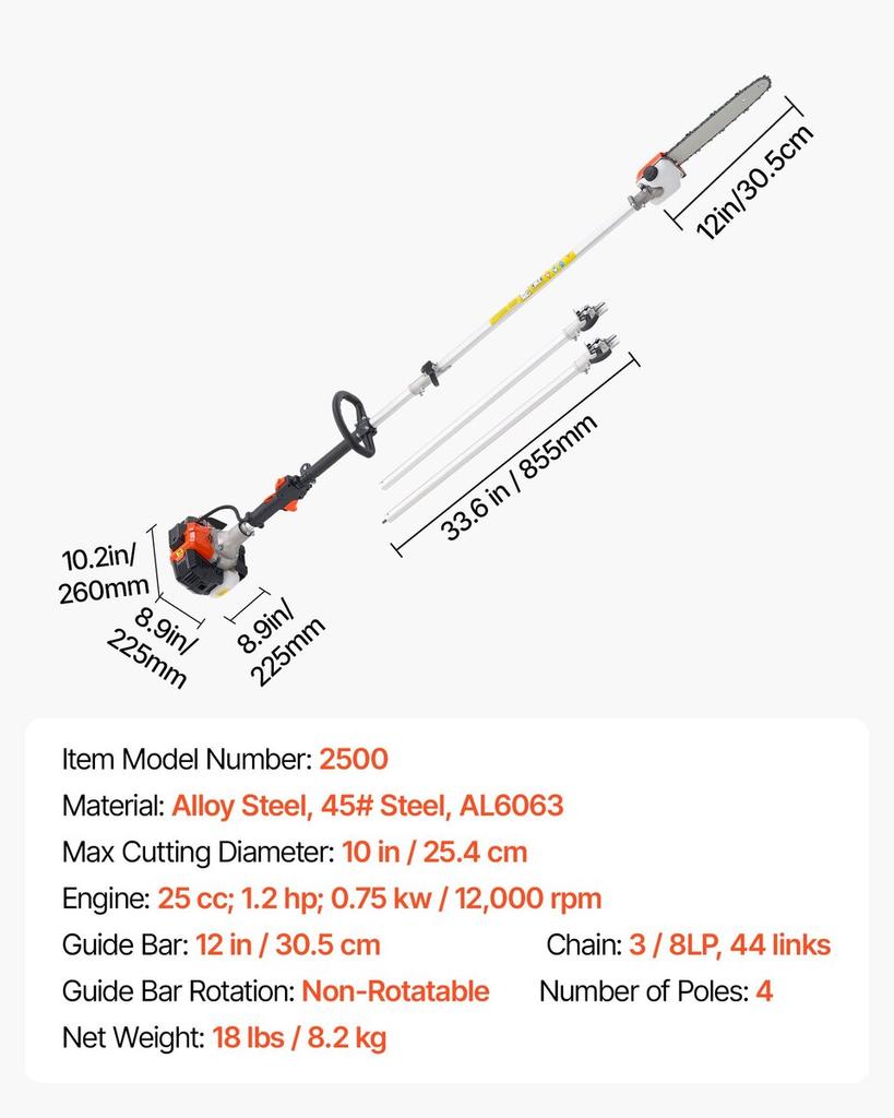 Gas Pole Saw, 25CC 2 Stroke Gas Powered Pole Saws with 30.5 Cm Cutting Bar, Cordless Tree Trimmer with 650ml Fuel Tank, 2.12 To 3.62 M Extendable,