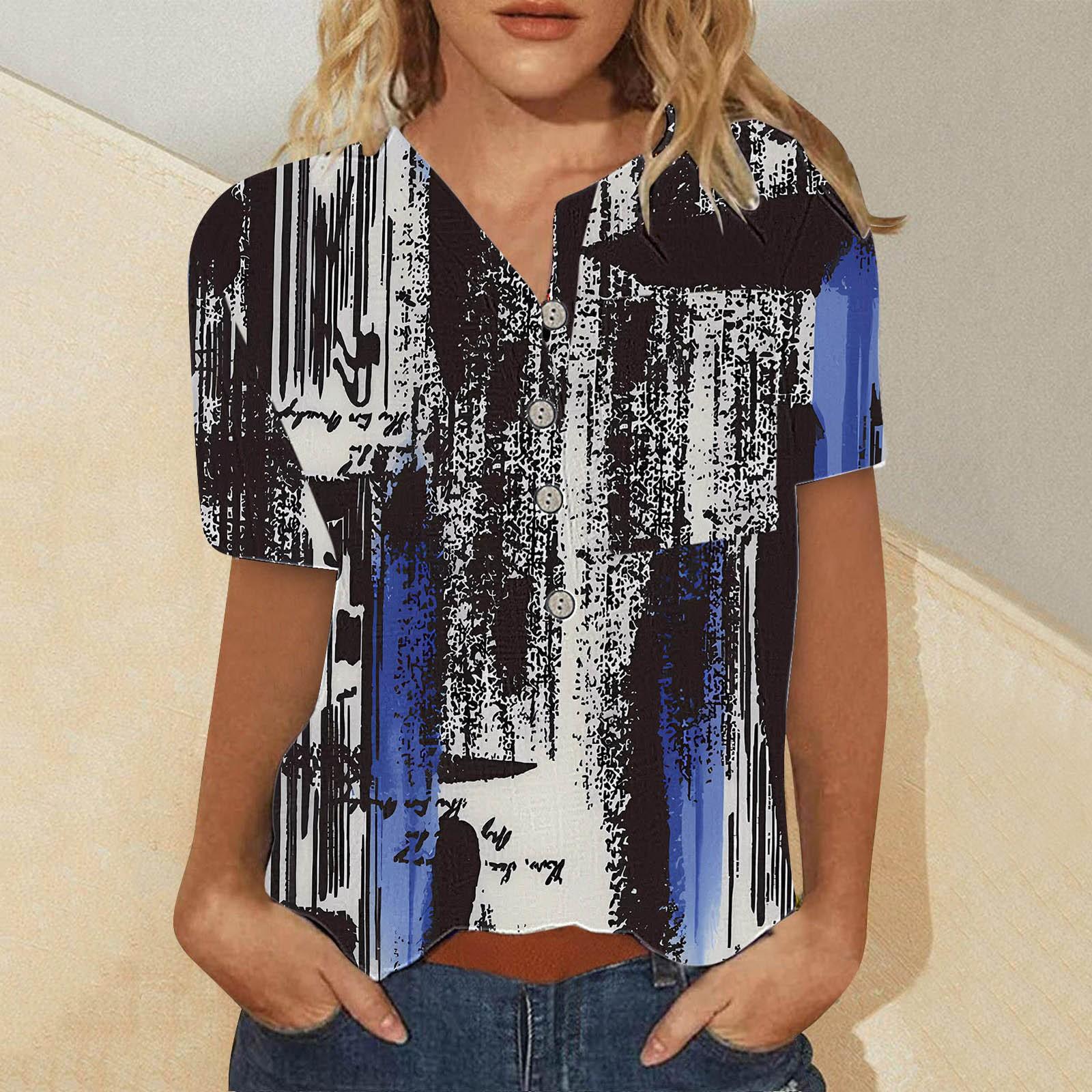 Women s Summer Casual Fashion Cotton Linen Printed Women s Short Sleeve Shirt Tops L чёрный
