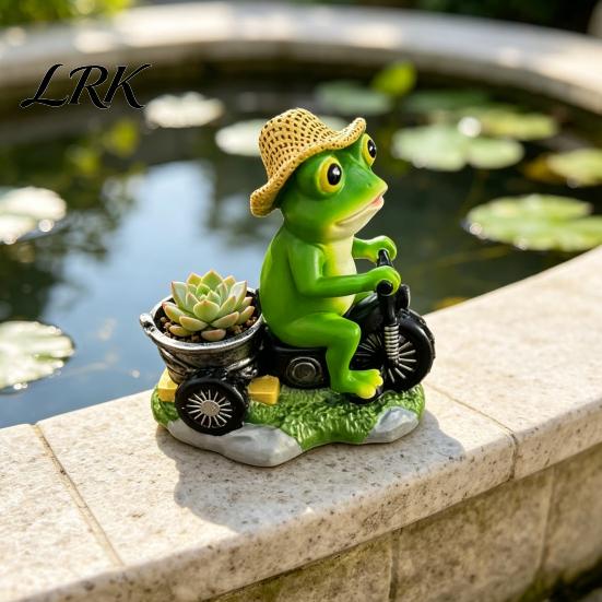 Garden Accessories for Plant Pots Cycling Frog Figurine, Creative Flowerpot, Resin Statue, Weather Resistant Charming Tabletop Decor Succulents