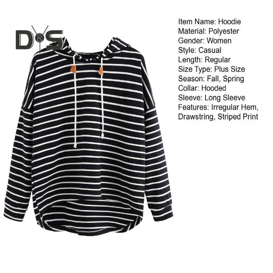 Women Autumn Hoodie Striped Print Contrast Color Drawstring Irregular Hem Long Sleeve Hooded Loose Pullover Casual Soft Lady Spring Sweatshirt