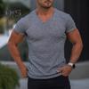 Herren T-Shirt mit V-Ausschnitt, kurzärmelig, Fitness, Slim Fit, Sportstreifen, einfarbig, atmungsaktive Fitnesskleidung für Sport, Reisen, Büro