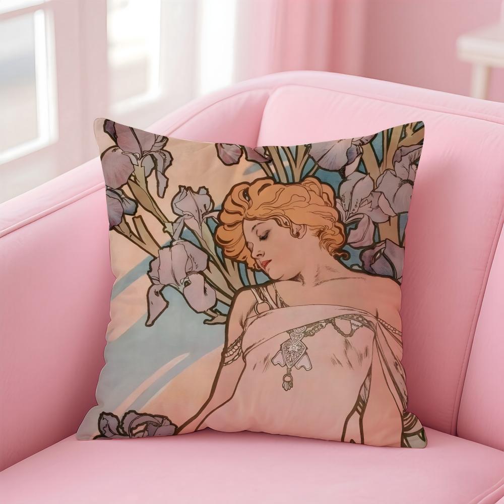 artistic AAlphonse Maria Mucha Cushion Cover Pillow Case Soft Skin Friendly Fabric Comfort Concealed Zipper