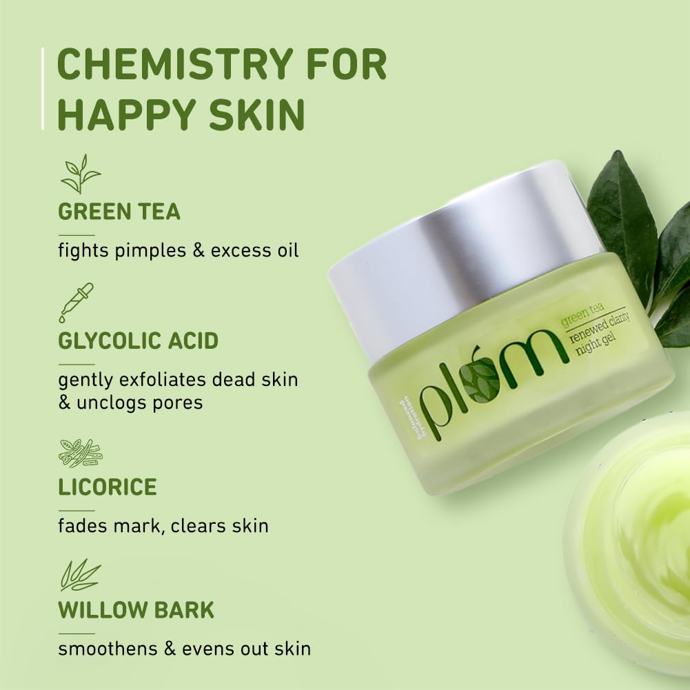 Plum Green Tea Renewed Clarity Night Gel Lightweight Overnight Moisturizer For Oily Acne Prone Skin Vegan 50 Ml