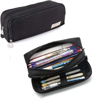 Trousse à crayons noire avec grand espace de rangement et 2 compartiments, ouverture double face, organiseur de bureau pour fournitures scolaires