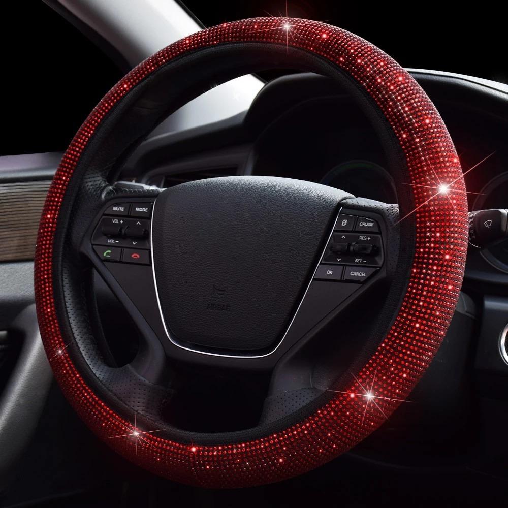 38cm Bling Rhinestones Steering Wheel Cover for Women Girl with Crystal Diamond Sparkling Car SUV Breathable Anti-Slip Universal Steering Wheel Covers