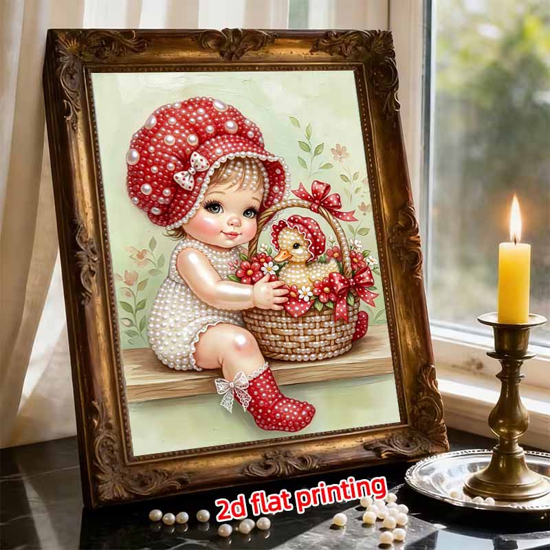 DIY Pearl Painting Canvas Cute Baby Girl with Duckling Design Shiny 3D Bead Art Kit Creative Leisure Craft for Living Room Wall Decor