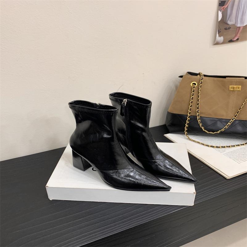 Rich and thin boots 2025 autumn and winter versatile pointed heel thick side zipper short boots simple high heel fashion boots women