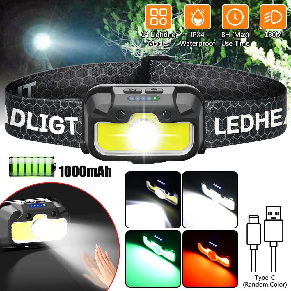 Strong Light Headlamp USB Rechageable Motion Sensor 14Modes Headlight Portable Fishing Camping Outdoor Head Lamp Work Flashlight