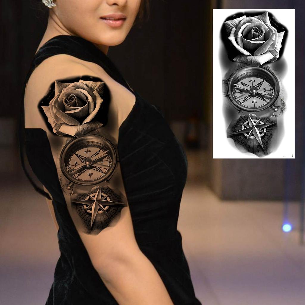1 Sheet Lion Wolf Skeleton Nun Tiger Black Temporary Tattoos For Men Adult Leg Arm Compass Flower Fake Tattoo Sticker Waterproof
