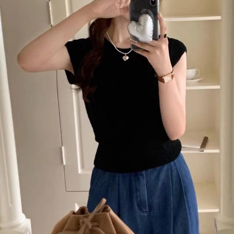 

Модный летний тонкий трикотажный женский свитер из ледяного шелка с коротким рукавом, женская футболка с круглым вырезом, повседневный простой офисный приталенный топ со шнуровкой, элегантный ажурный One size чёрный